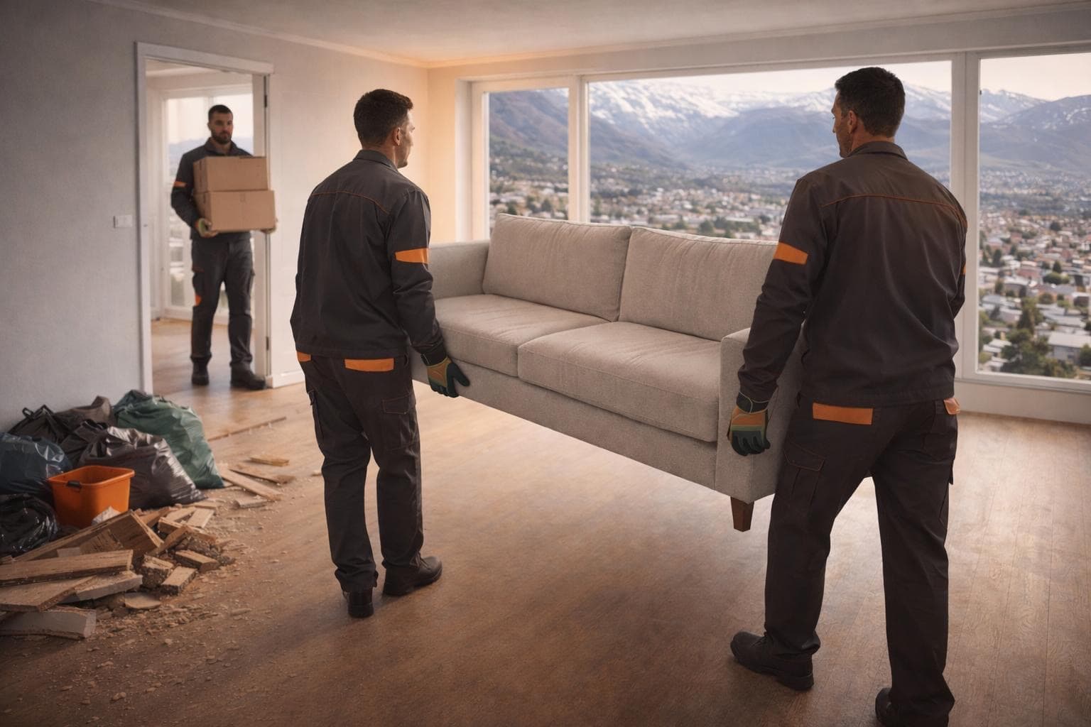 Flash Débarras équipe professionnelle transportant un canapé - Monthey Suisse romande